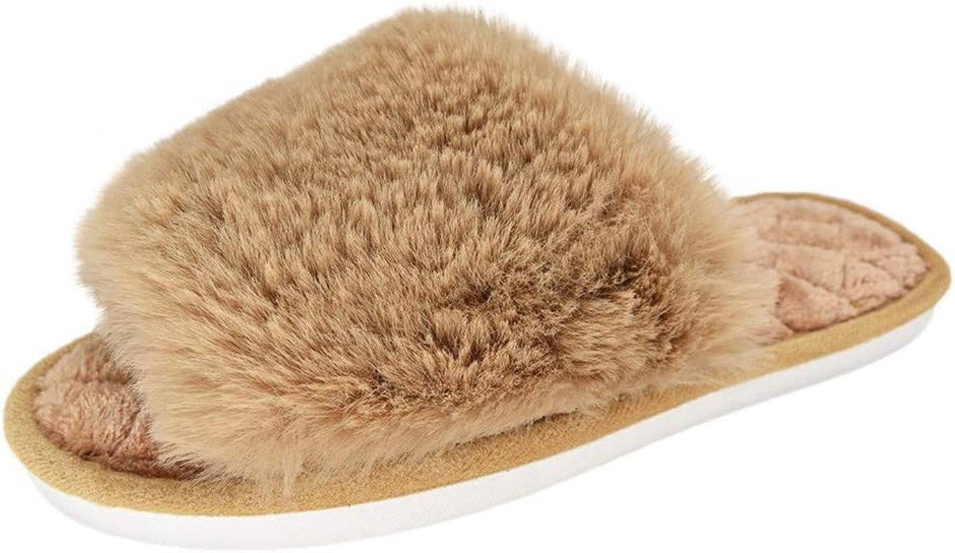 Women's Plush Fur Flat Slippers - Soft Open Toe Memory Foam House Slides for Indoor and Outdoor Use