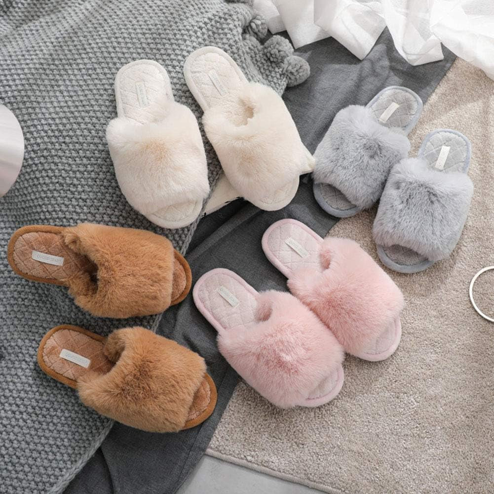 Women's Plush Fur Flat Slippers - Soft Open Toe Memory Foam House Slides for Indoor and Outdoor Use