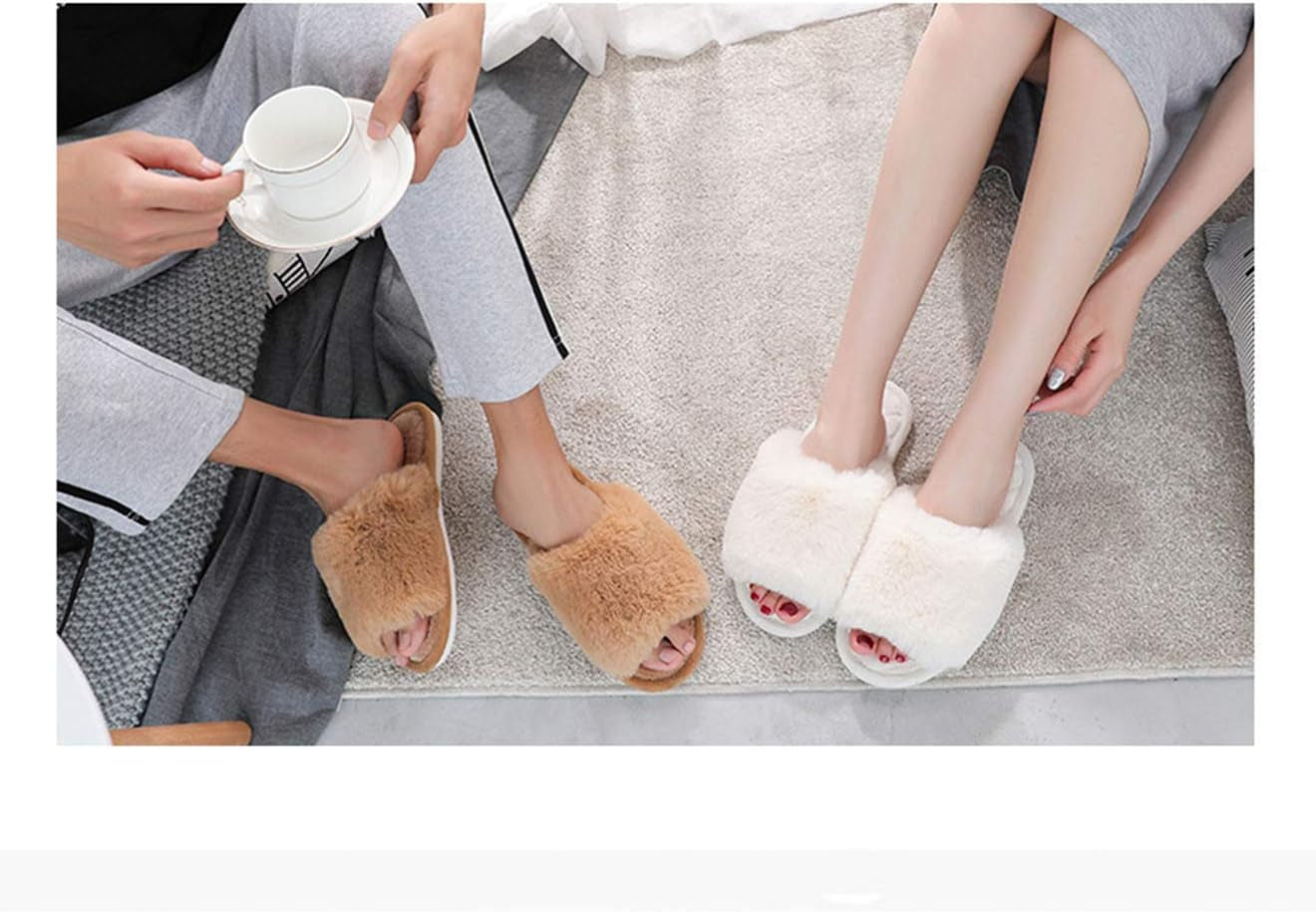 Women's Plush Fur Flat Slippers - Soft Open Toe Memory Foam House Slides for Indoor and Outdoor Use