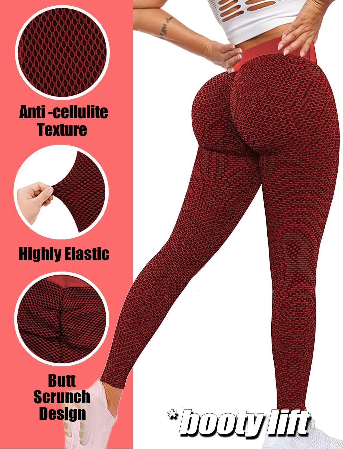 Christmas Leggings TIK Tok Leggings for Women Butt Lifting Sexy Textured Booty Tights High Waist Yoga Pants anti Cellulite Ruched Scrunch Workout Leggins Net Red Small