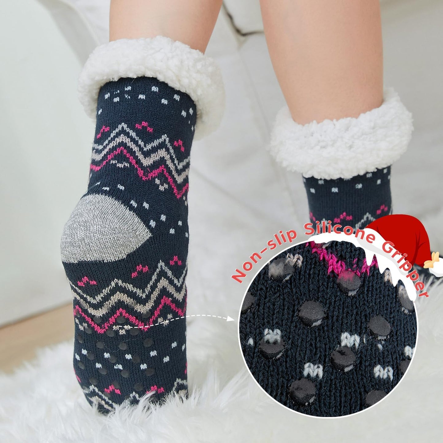 Women's Fuzzy Sock Slippers - 2 Pack Non-Slip Thermal Socks with Sherpa Fleece Lining and Grippers