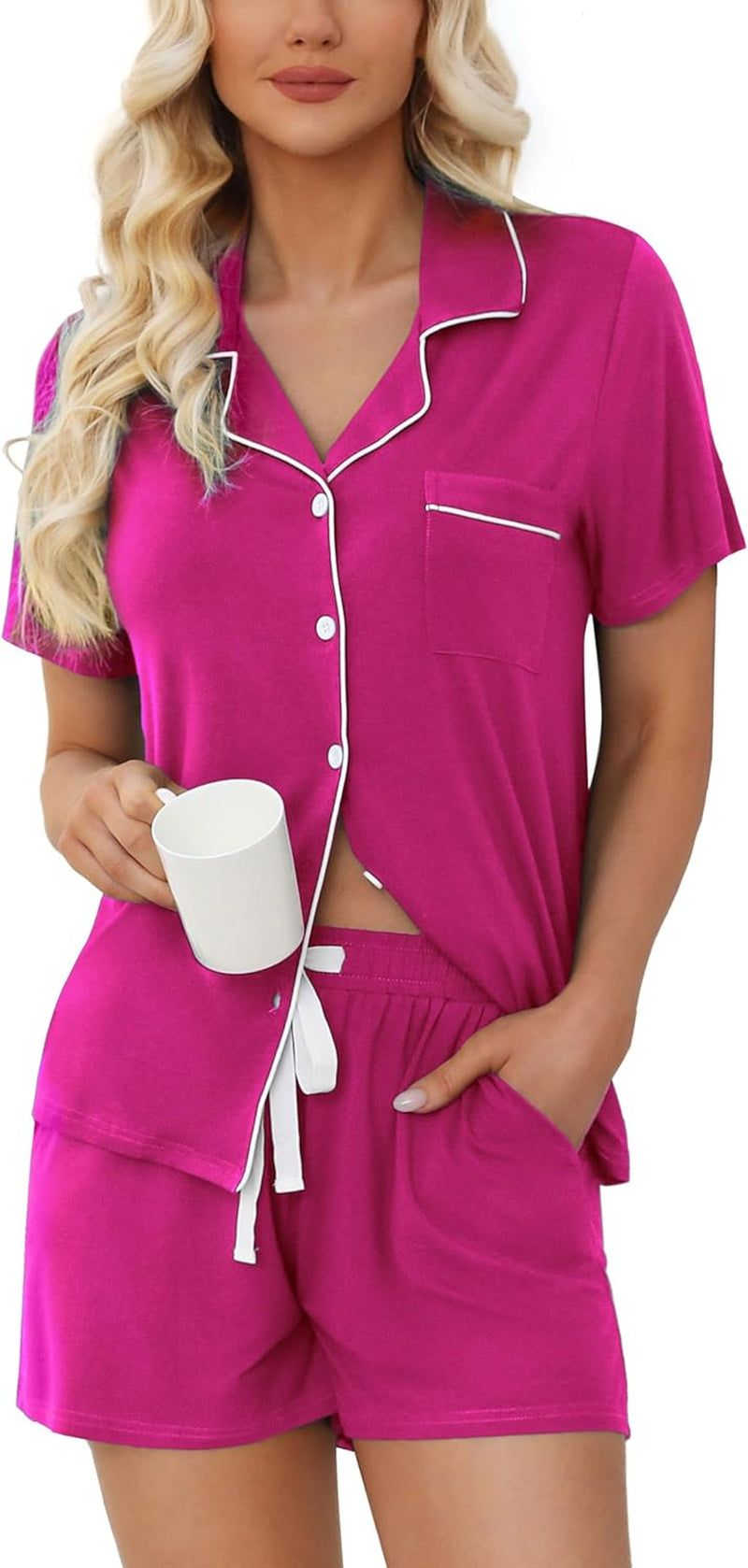 Womens Pajamas Set Short Sleeve Sleepwear Button down Nightwear Shorts Soft Pj Sets S-XXL