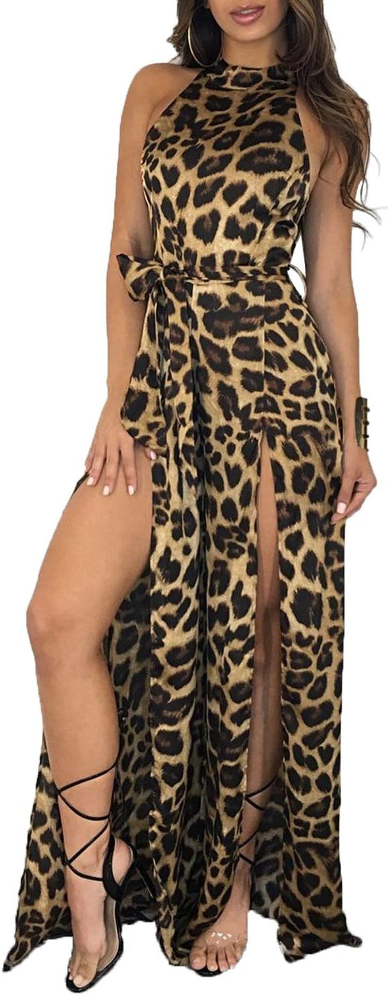 Women Sexy Mock Neck Sleeveless Leopard Print Split Jumpsuit Rompers Clubwear