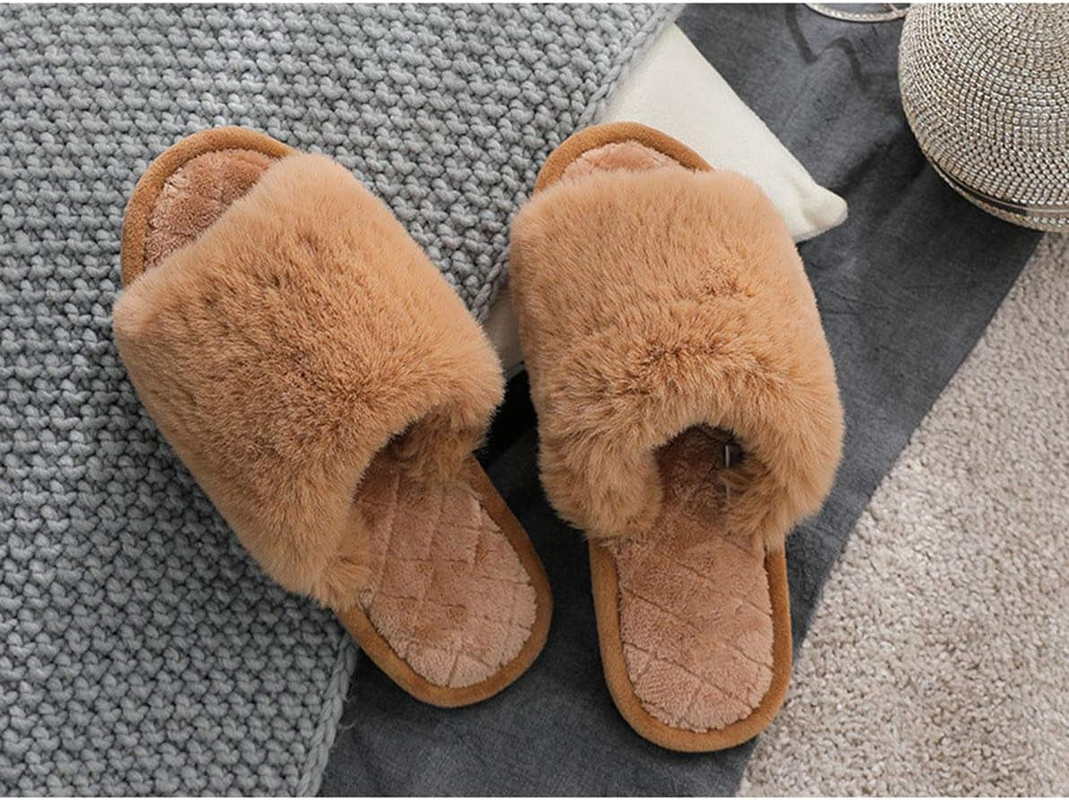 Women's Plush Fur Flat Slippers - Soft Open Toe Memory Foam House Slides for Indoor and Outdoor Use