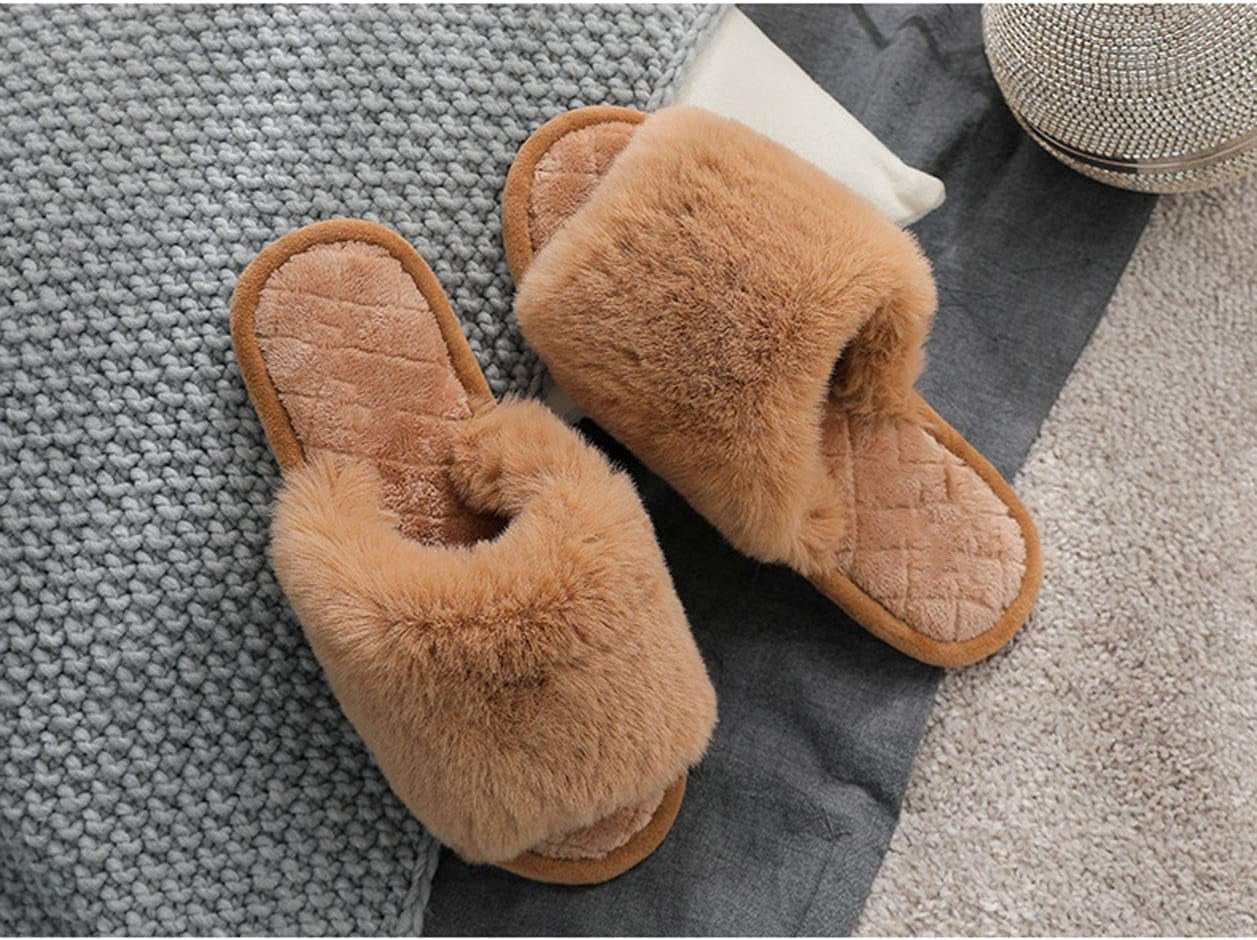 Women's Plush Fur Flat Slippers - Soft Open Toe Memory Foam House Slides for Indoor and Outdoor Use